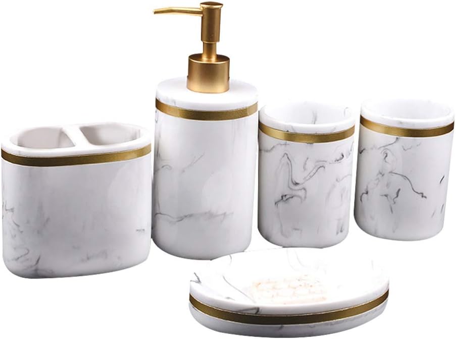 Cabilock 5pcs Marble Look Bathroom Accessory Set Stylish Hand Bottle Soap Dish Mouthwash Cups for Organized and Elegant Bath Spaces