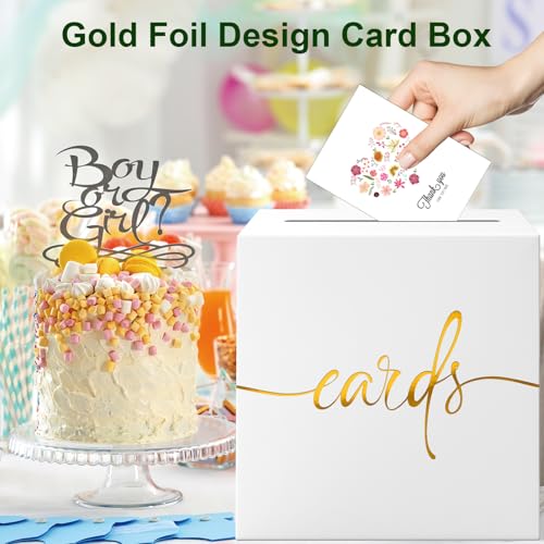 Image of White Wedding Card Box with Gold Foil Design, Paperboard 8.7 inch Card Box for Birthday Party Graduation Retirement Anniversary Valentine's Day Bridal & Baby Shower