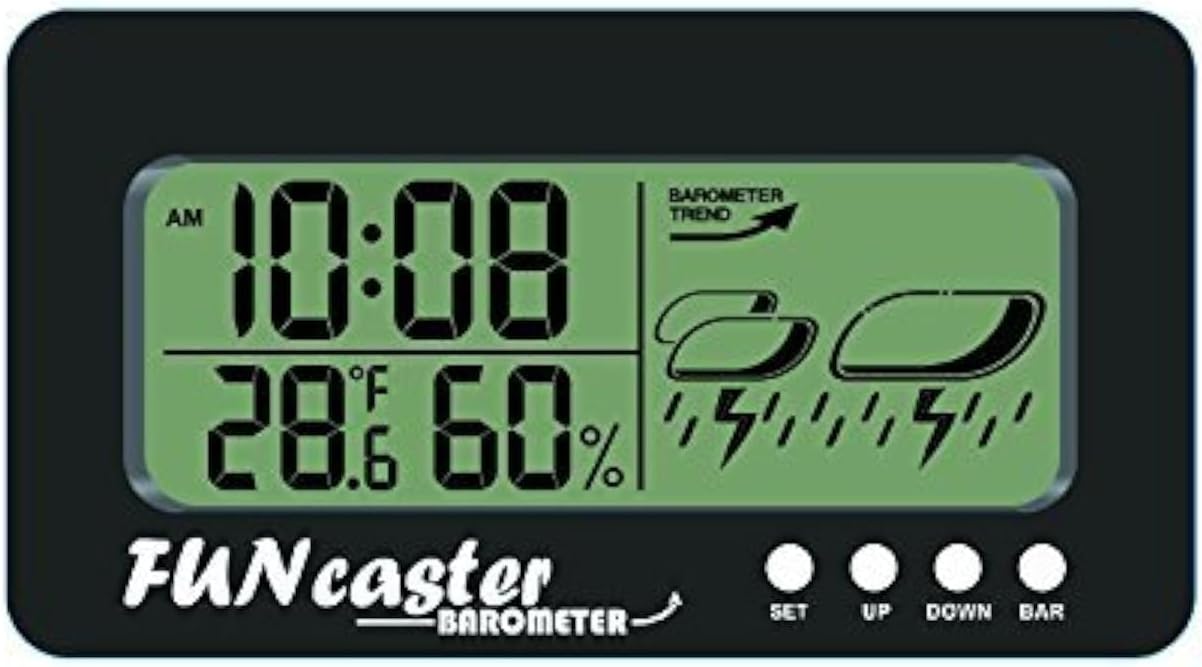 - FUNcaster Barometer Ambient Weather Clock for Golf Cart, Boat, Home, Office Easy to See Time, Temp, Humidity, & Forecast
