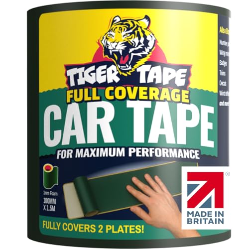 Tiger Tape UK Made. Heavy Duty Max Hold Number Plate Roll | Fully Covers 2 x UK License Plate. Extra Strength Automotive Grade Adhesive. Ultimate High Performance Grip | Fits all UK Vehicles