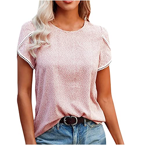 Women's Shirts Dressy Casual Short Sleeve Lace Trim Tee Tops Polka Dots Printed Crew Neck Pullover T Shirts Blouse #TOP19