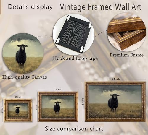 Vintage Gold Framed Moody Black Sheep Wall Art Countryside Landscape Painting Canvas Dark Academia Animal Picture Wall Decor Farmhouse Cottage Print Artwork For Living Room Bedroom Home Decoration — view 4