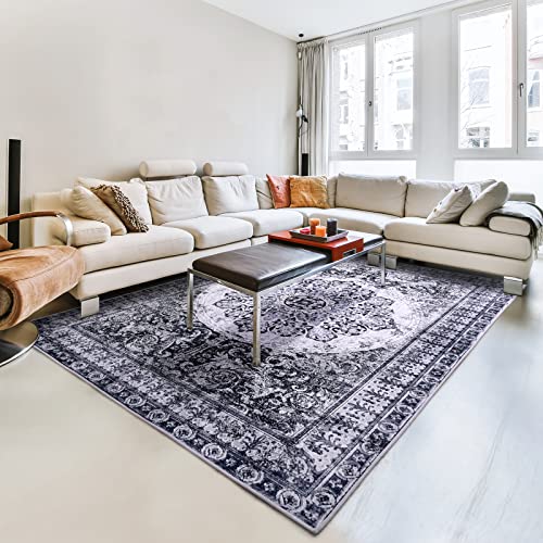 Yj.gwl Boho Area Rug 4X6, Persian Washable Bedroom Rug, Soft Oriental Distressed Accent Rugs For Living Room Entryway Dining Room, Non-Slip Non-Shedding Low-Pile Floor Carpet, Navy Blue #TOP6