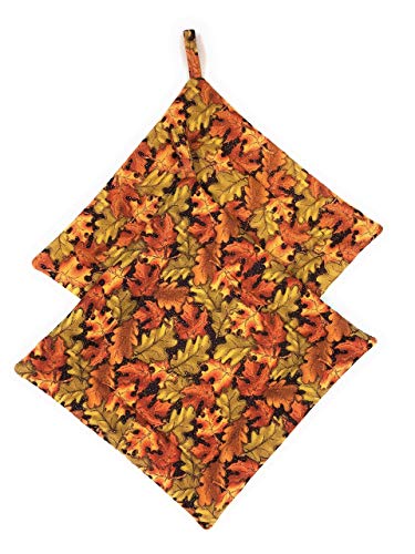 Set of 2 - Fall Autumn Maple Red Yellow Orange Sage Leaves with Gold on Brown Harvest Thanksgiving Square Pot Holders Trivets Hot Pads Plate Pan Holders