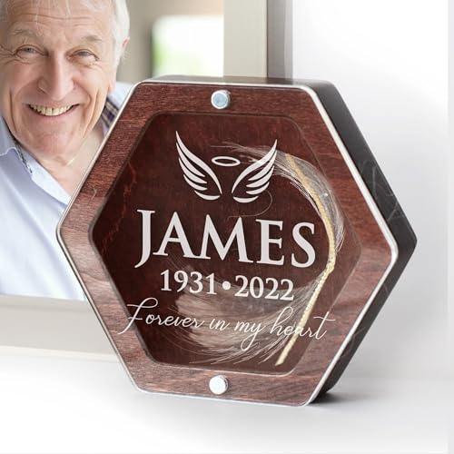 Image of Personalized Keepsake Box for Bereavement Gift, Lock of Hair Memorial, Sympathy Gift for Loss of Mother, Grandmother, Dad, Daughter, Son, Mom, Clear Lid, Engraving, Gift Box (Dark Wood)