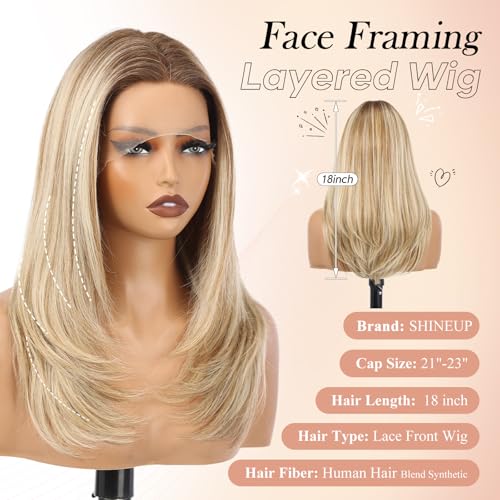 Image of EMMOR Human Hair Wig for Women 13x5x1 Inch HD Lace Front Wig 18 Inch Layered Glueless Wigs Pre-Plucked Hairline Human Hair Blend Premium Synthetic Fiber for Everyday Wear(Blonde Mixed Brown)