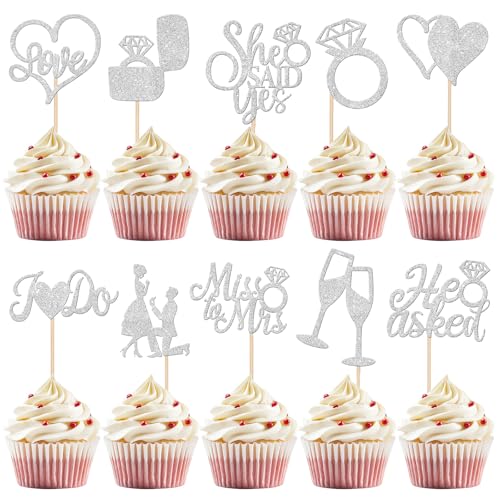 Cupcakes de Novia con Purpurina, 30 PCS Pastel Topper Bride, Incluye 'I Do', ' Miss to Mrs' y Love Heart Ring, Adornos para Cupcakes de Boda, para Bodas y Despedidas de Soltera (E)