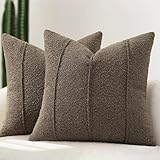 YCOLL Textured Boucle Throw Pillow Covers 20x20 Pack of 2 - Soft Neutral Striped Cushion Covers, Cozy Accent Decorative Pillow Covers for Couch, Sofa, Bed, Living Room (Brown)