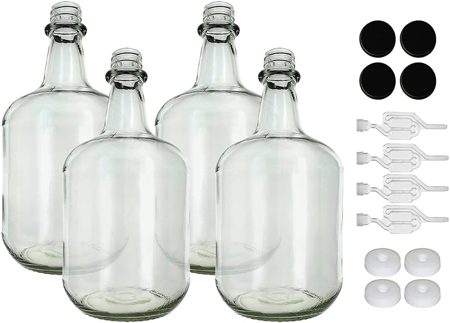 Home Brew Ohio 3L Jug Flint - White Cap with Hole, Twin Bubble Airlock, and Black Metal Cap Pack of Four