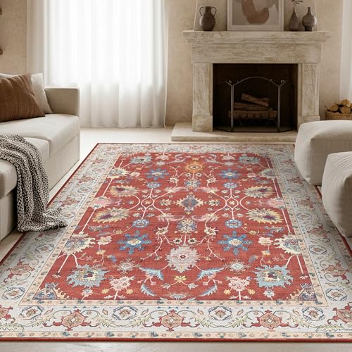 Comeet 8x10 Red Boho Living Room Rug, Washable Low Pile Vintage Area Rug, Non Slip Large Carpet for Living Room, Bedroom, Dining Room, Kids Playroom
