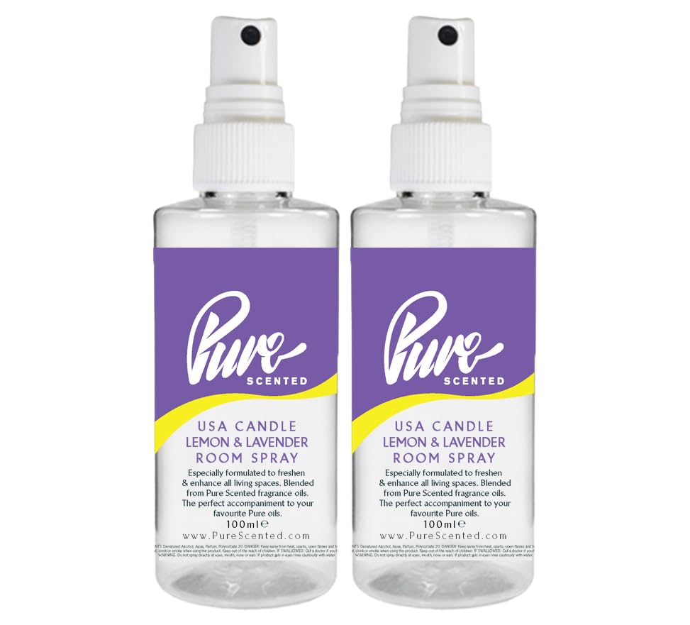 "Pure Scented 200ml Room & Fabric Sprays 2 x 100ml Suitable For Home, Car, Caravan, Work, Gym Bags, Odour Eliminators (2 x 100ml, USA Candle Lemon & Lavender)"