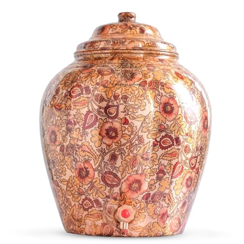 Image of Indian Art Villa Printed Flower Design Copper Water Dispenser Pot Matka, Storage, Home Kitchen Garden, 13 LTR