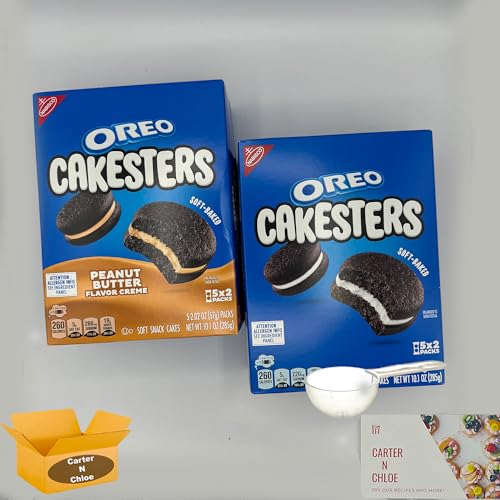 Generic NABISCO OREO CAKESTERS ORIGINAL COOKIES 10.1 OZ + OREO Peanut Butter Creme Cakesters Soft Snack Cakes 10.1 OZ Set of 2 | Exclusive Carter N Chloe recipe card with measuring cup!