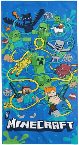 Minecraft Toalla de baño Slurp 75 x 150 cm, 100% algodón, toalla de playa, toalla de baño, toalla de playa, toalla de baño para niños, jóvenes, jugadores, dibujos animados, color azul