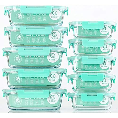C CREST [10-Pack] Glass Food Storage Containers with Lids, Airtight, BPA Free, Meal Prep Containers for Kitchen, Home Use