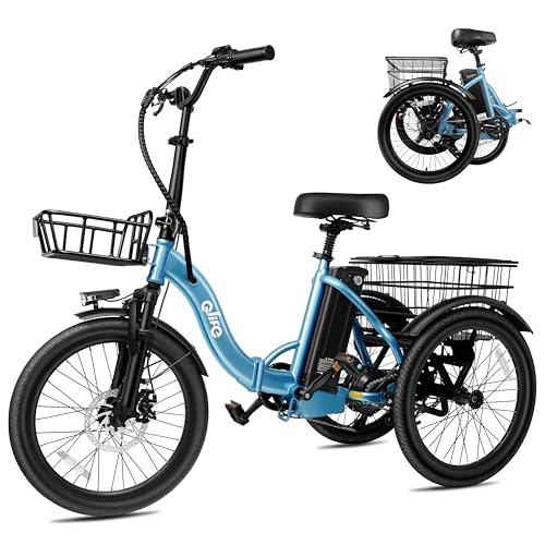 Qlife Triker Electric Bike, Peak 750W Brushless Motor Folding Trike Ebike, 468Wh Removable Battery, Step-Thru 3 Wheel Electric Bicycle, Up to 50 Miles, 20 Tire Tricycle for Adults Blue