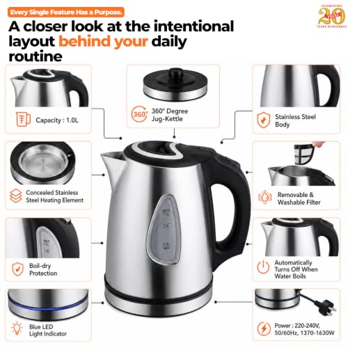 Image of ITALIA Premium Stainless Steel Electric Kettle | Rapid Boil 1500W | Auto Shut-Off & Boil Dry Protection | Cordless Water Heater for Tea, Coffee & Kitchen Use | Travel Friendly Electric Kettle 1L