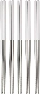 5 pares de palillos de metal, reutilizables, de acero inoxidable, aptos para lavavajillas, ligeros, cuadrados, para comedor (plata-blanco)