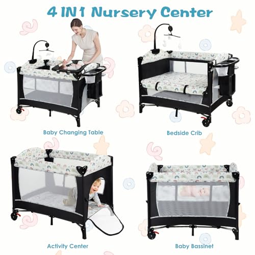 Kinder King 4 in 1 Portable Nursery Center, Foldable Baby Bedside Crib w/Bassinet, Infant Pack n Play Playard Toddler Large Playpen, Newborn Changing Table, Storage Basket, Side Zipper,Multicolour - Thumbnail 3