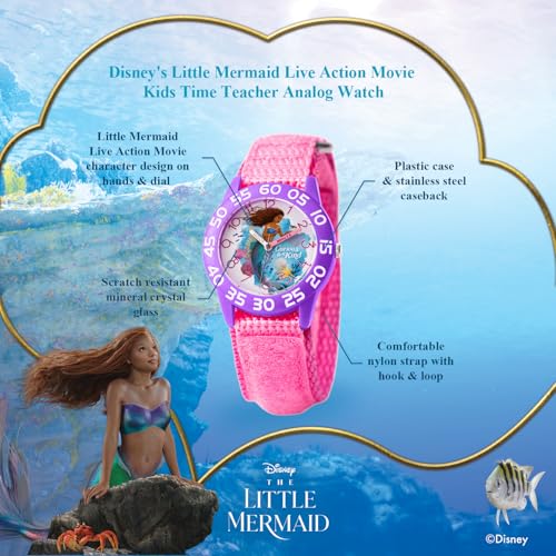 Disney Little Mermaid Watch for Girls Ages 4–7 – Featuring Ariel Character Dial – Perfect Princess Gift for Kids Learning Time – Purple Bezel with White Numbers and Pink Nylon Strap with Velcro2