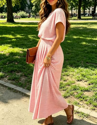 Image of Zontroldy Women's Summer 2 Piece Outfits Striped Skirt Sets Cap Sleeve Crop Top Midi Dress Matching Travel Outfits