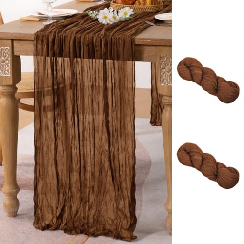 Image of MLMC 2 Pack Brown Cheesecloth Table Runner 10ft Boho Rustic Gauze Coffee Cheese Cloth Table Runner Neutral Centerpiece Decor 35x120 Inches for Wedding Farmhouse Reception Home Decor