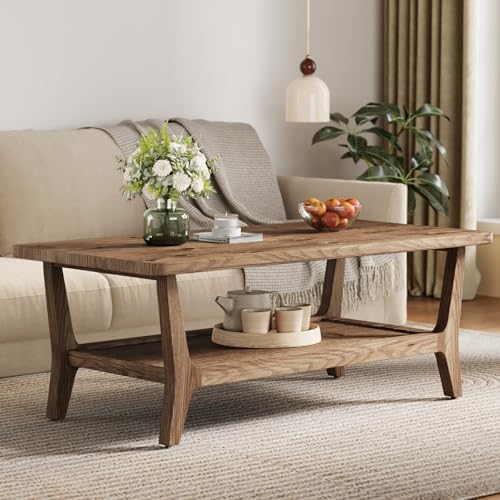 LITTLE TREE Solid Wood Coffee Table with Storage, 2-Tier Shelf Living Room Table, Rounded Corners, Kid-Friendly Lightweight Design, Easy Assembly, 23.6' D x 47.2' W, Rustic Brown