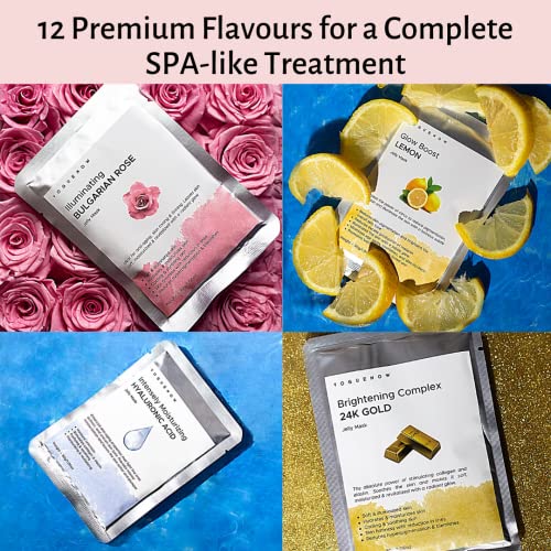 Jelly Mask For Facials - 12 Flavors Hydrating & Brightening Hydrojelly Face Masks | With Free Jade Roller & Spatula | Bulgarian Rose, Lavender, Hyaluronic Acid, 24K Gold, Collagen, Vitamin C, Goji & Lemon Face Mask Skin Care | Vajacial Jelly Mask Powder #TOP5