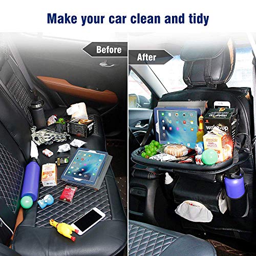 Tsumbay Car Backseat Organizer with Tablet Holder,9 Storage Pockets PU Leather Car Storage Organizer with Foldable Table Tray Car Seat Back Protectors Kick Mats Travel Accessories-Black 1Pcs