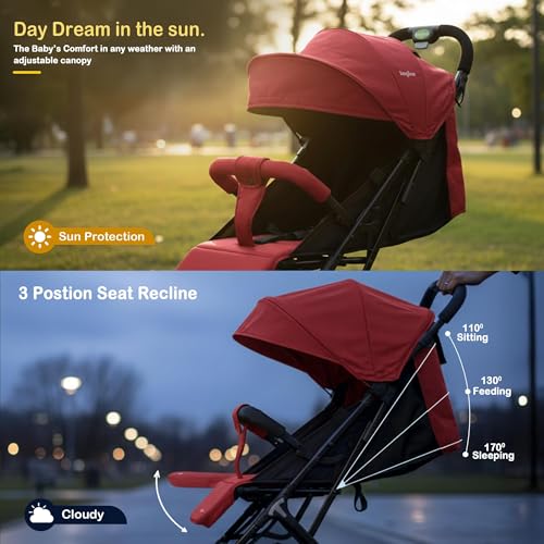 Image of Baybee Foldable Baby Stroller Pram for Baby Boy Girl 0 to 3 Years with Metal Frame, 3-Position Adjustable Seat & Canopy, Bassinet, Parent Handle, 5 Point Safety Belt, Stroller for Kids Toddler (Red)