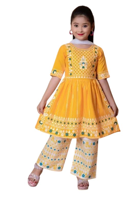 Image of Girls Traditional Embroidered Kurta Palazzo Set, Green and White, Floral Design, Half Sleeves