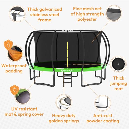 Image of JUMPZYLLA Trampoline Outdoor 8FT 10FT 12FT 14FT 15FT 16FT with Enclosure and Ladder, ASTM Approved Recreational Trampoline for Kids and Adults, Anti-Rust Coated Frame