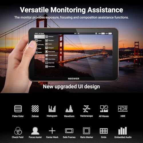 Image of NEEWER F600 7 inch Camera Field Monitor, 2400nit HD 1920x1080 IPS Touch Screen with 3D LUT, 4K HDMI Loop in /Out with Peak Focus DSLR Video Assist HDR Waveform, Cold Shoe Mount, 2 NP-F750 Batteries & Cable
