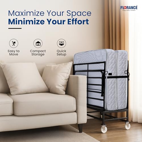 Image of Florance Rollaway Folding Bed with 6-Inch HR Foam Mattress | Heavy-Duty Wrought Iron Frame, Lockable 360 Wheels, Space-Saving & Portable Design, Quilted Cotton Cover, Single Size, 75x36x6 Inches