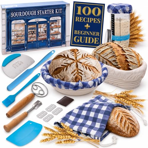 Sourdough Starter Kit for Beginners with Beginner Guide & 100 Recipes - Sourdough Bread Baking Supplies and Tools, Homemade Bread Gift Set and Sour Dough Accessories for Bakers