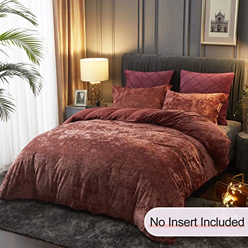 Phf Truly Velvet Duvet Cover Set Queen Size, 3Pcs Ultra Soft Breathable Comforter Cover Set, Luxury Cozy Flannel Duvet Cover With Pillow Shams Bedding Collection, 90" X 90", Burgundy/Rust Red #TOP2