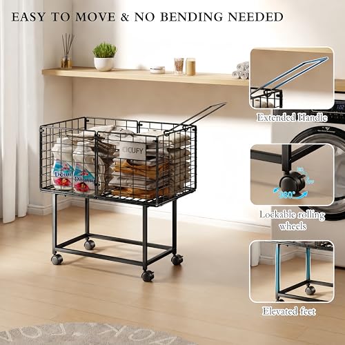 CICUFY Rolling Laundry Cart, 80L Wire Laundry Hamper Basket on Wheels, Dirty Clothes Basket with Handle, Metal Clothes Hamper Organizer for Laundry Room, Bathroom, Bedroom, Dorm, Black by CICUFY - Image 3