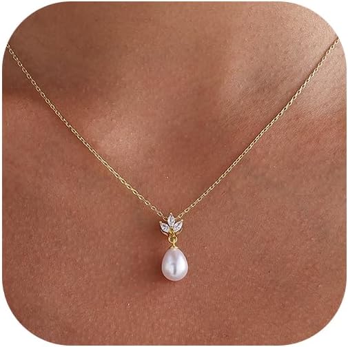 Collares de perlas para mujer chapado en oro de 14 quilates con colgante de diamantes y perlas delicadas, joyería de boda, regalos de dama de honor para mujeres
