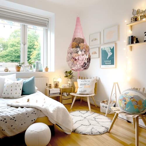 Image of Amdermi Stuffed Animal Hammock Corner Hanging Net for Stuff Animal Storage Macrame Toy Display Plush Toy Holder-Perfect for Tiny Space Walls-Kid Bedroom Decor Nursery Playroom Organizer (Light Pink)