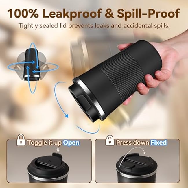 12OZ Travel Coffee Mug Insulated with Spill Leak Proof Lid | Portable Stainless Steel Tumbler | Reusable Hot and Cold Water Mug | for Car, Daily, Camping | Black