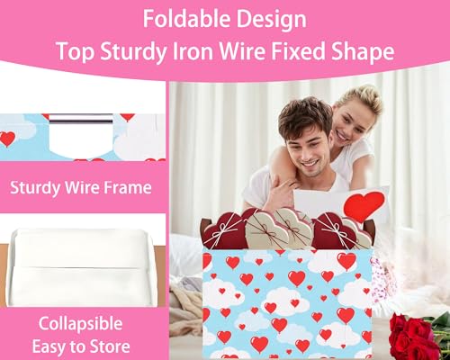 Image of Valentines Day Basket Large Foldable Heart Shaped Storage Box for Gifts Kids Empty Storage Bins Rectangular Toy Organizer Decor (Balloon Love)