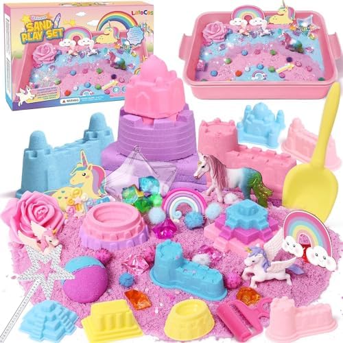 vamei Unicornios Arena Regalo para Niñas Caja de 900g Colores Sand, Figura Unicornio, Moldes Castillo, Juguetes Sensoriales Juego de Arena Regalo para Niñas 3+ Años