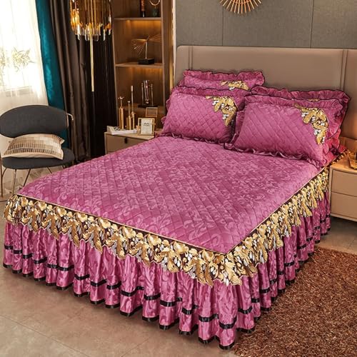 Beydodo Sábanas Bajeras Ajustables 3 Piezas 180 x 200 CM + 2 Almohadas,Terciopelo Protector Funda de Colchón Patrón de Hoja con Encaje Bordado Fucsia