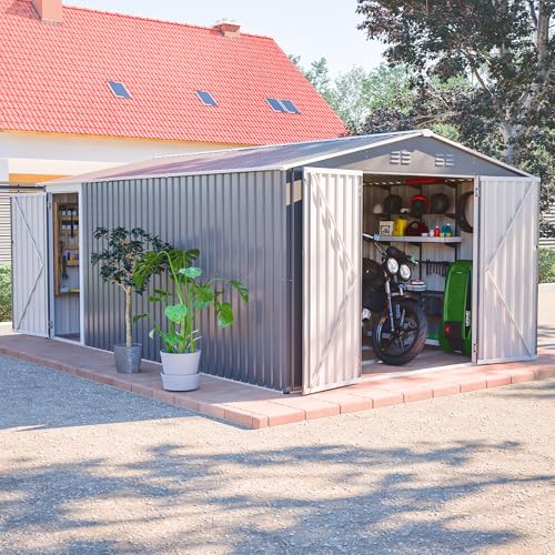 Image of YOPTO 10x14 FT Outdoor Storage Shed,Metal Shed W /Lockable Doors & Floor Frame,Garden Tool House W /Sloped Roof & 4 Air Vents,for Backyard Patio Lawn,Light Gray