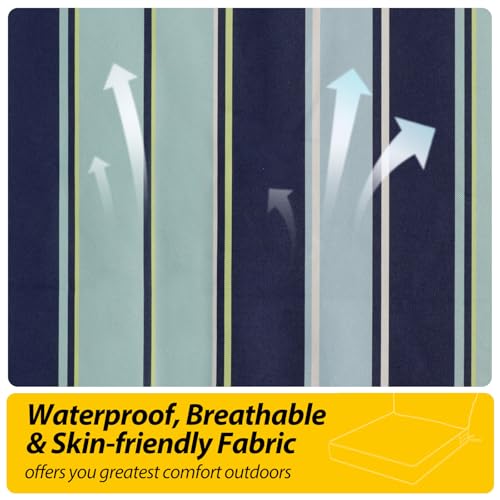 Image of AAAAAcessories Outdoor Seat Cushions for Chairs, Fade-Resistant, Waterproof Patio Furniture Replacement Cushions, 25.5 inch x 25.5 inch x 5 inch + 25.5 inch x 13.5 inch, Set of 2, Ash Teal Seaside Stripe