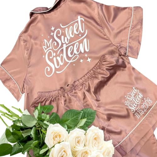 Sweet Sixteen Pajamas - Personalized Pajama Set for Women - Birthday Party Monogram Satin Pajamas Set - Birthday Gifts Sweet 16 Gift for Girls Multicolors