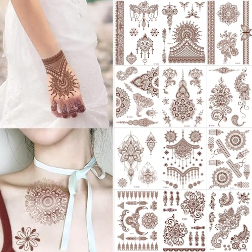 Syloripha 12 Sheets Temporary Tattoo Sticker Set,Waterproof Indian Lace Mandala Flower Pattern,Body Art Fashion Decoration Suitable for Women Girls Diy Body Neck Chest Arms Legs (Brown)