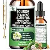 Soursop Drops,Soursop Bitters Liquid with Sea Moss Black Seed Oil Green Tea Extract Ashwagandha Elderberry Holy Basil-Multimineral&Vitamins Superfood Drops for Immune&Digestive & Cell Support