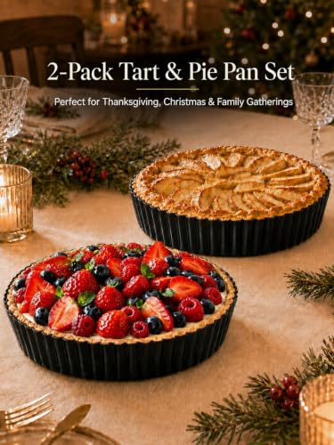 Image of 9.45*2.2 Inch Quiche Pans 2 Pack. Removable Bottom, Non-Stick Coating, Rugged Carbon Steel Baking Dish for Tart Quiche Pie. Metal Mold Gift for Women Wife Christmas Thanksgiving Party Festival