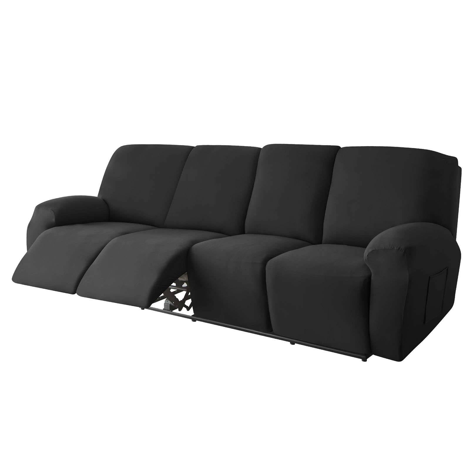 Polyester 10-piece recliner couch covers 4 Seat, Stretch Soft lazy boy reclining sofa slipcover with Pocket Armchair Covers For Kids Pets Cat Dog-black-4 seater